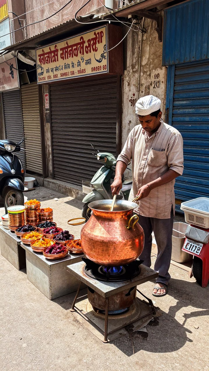 Midday Delhi Street Scene with Copper Jam Pot and Mango Lassi Glass in in Delhi, India