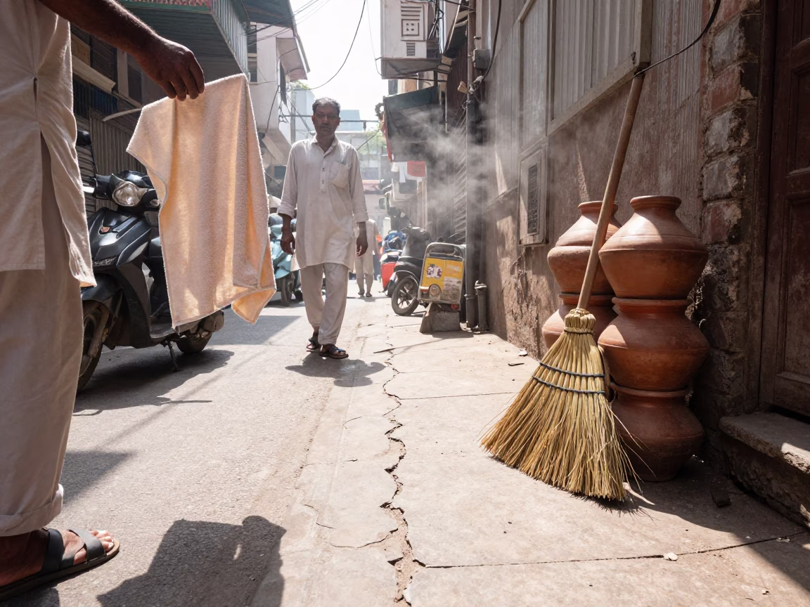 Midday Delhi Street Scene with Drying Towels and Hand Broom in in Delhi, India
