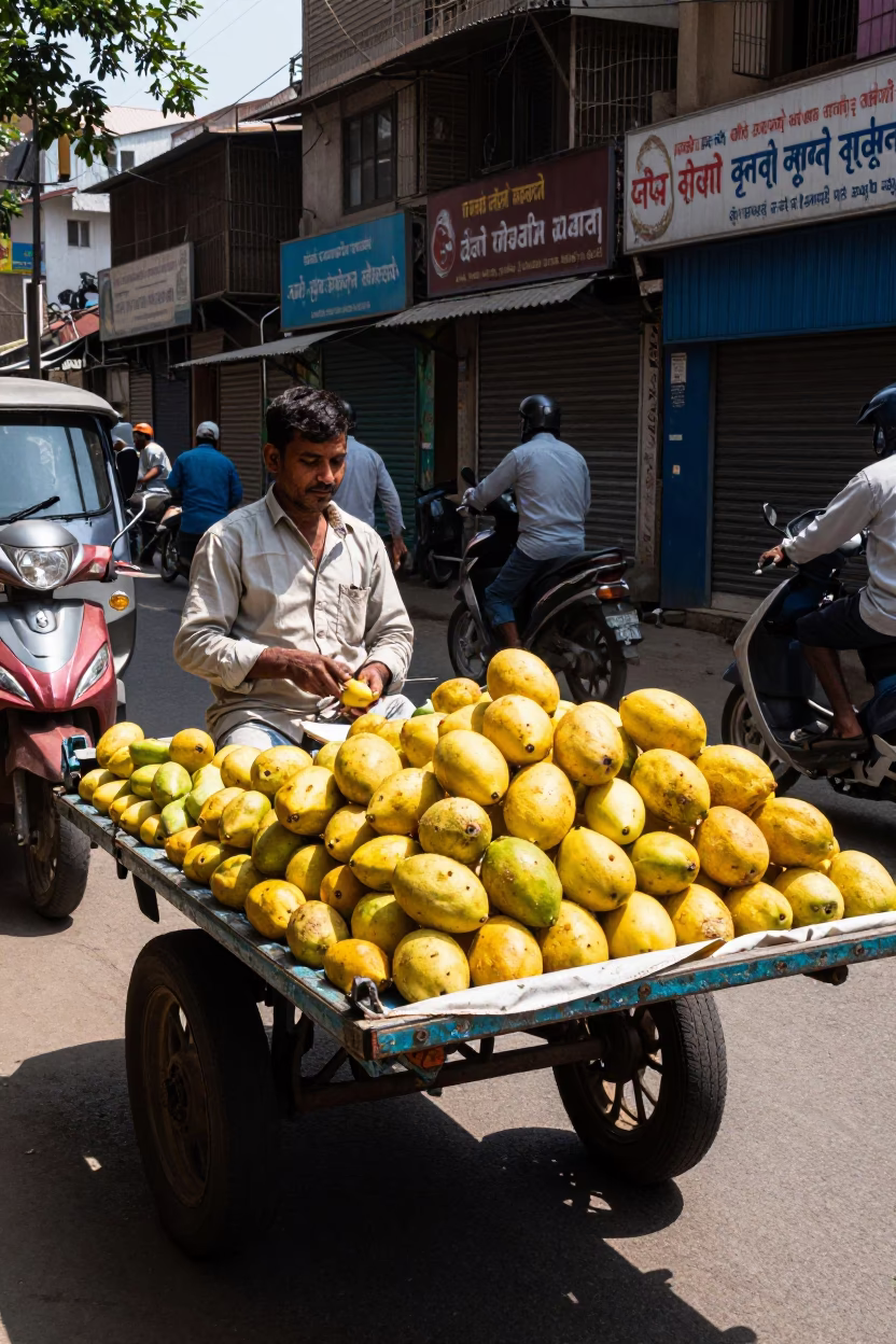 Midday Delhi Street Scene with Vendor and Yellow Fruit in India in in Delhi, India