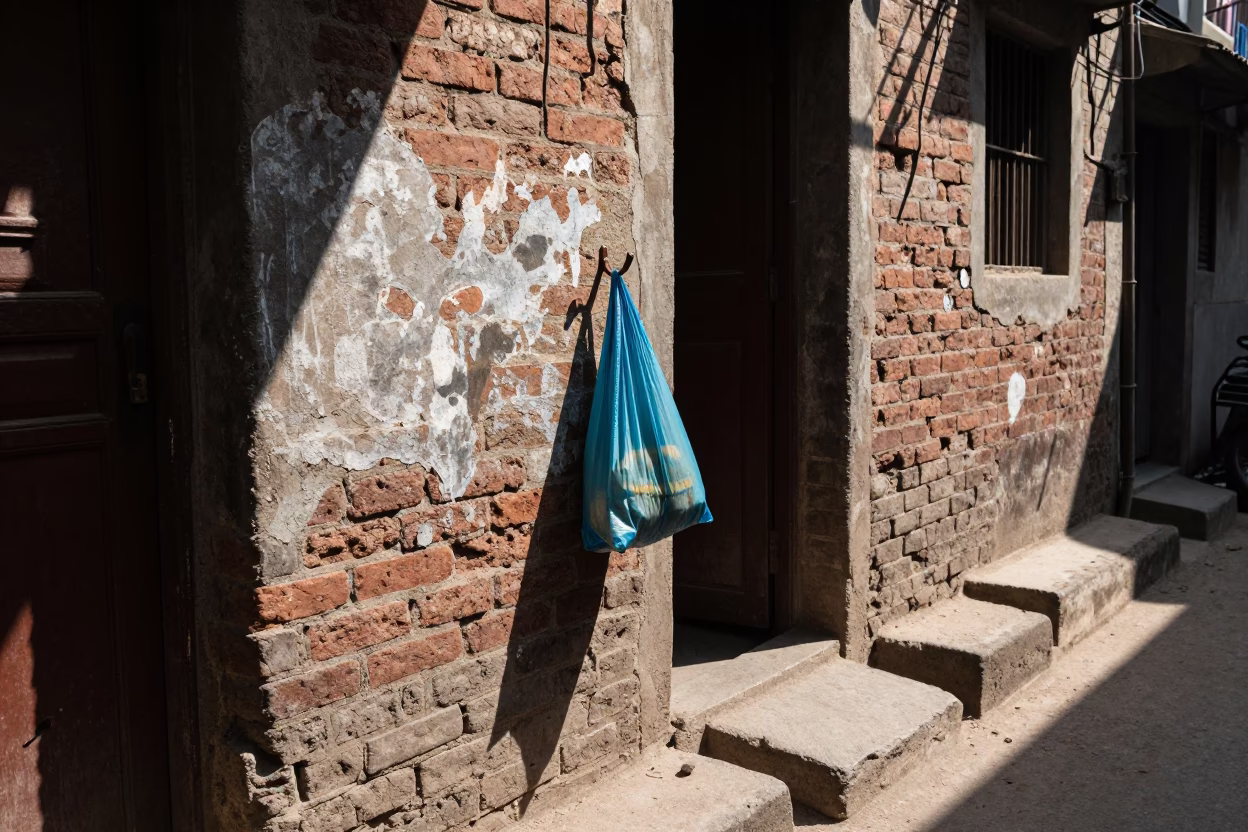 Midday Delhi Street Scene with Wall Hook and Smudges on Drain in in Delhi, India