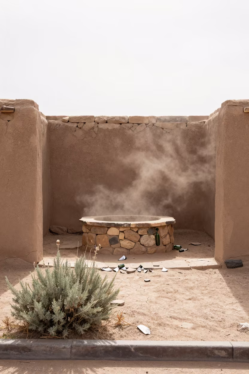 Midday Desert Hammam Ruins with Dust and Shards in inside a roofless hammam in New Mexico