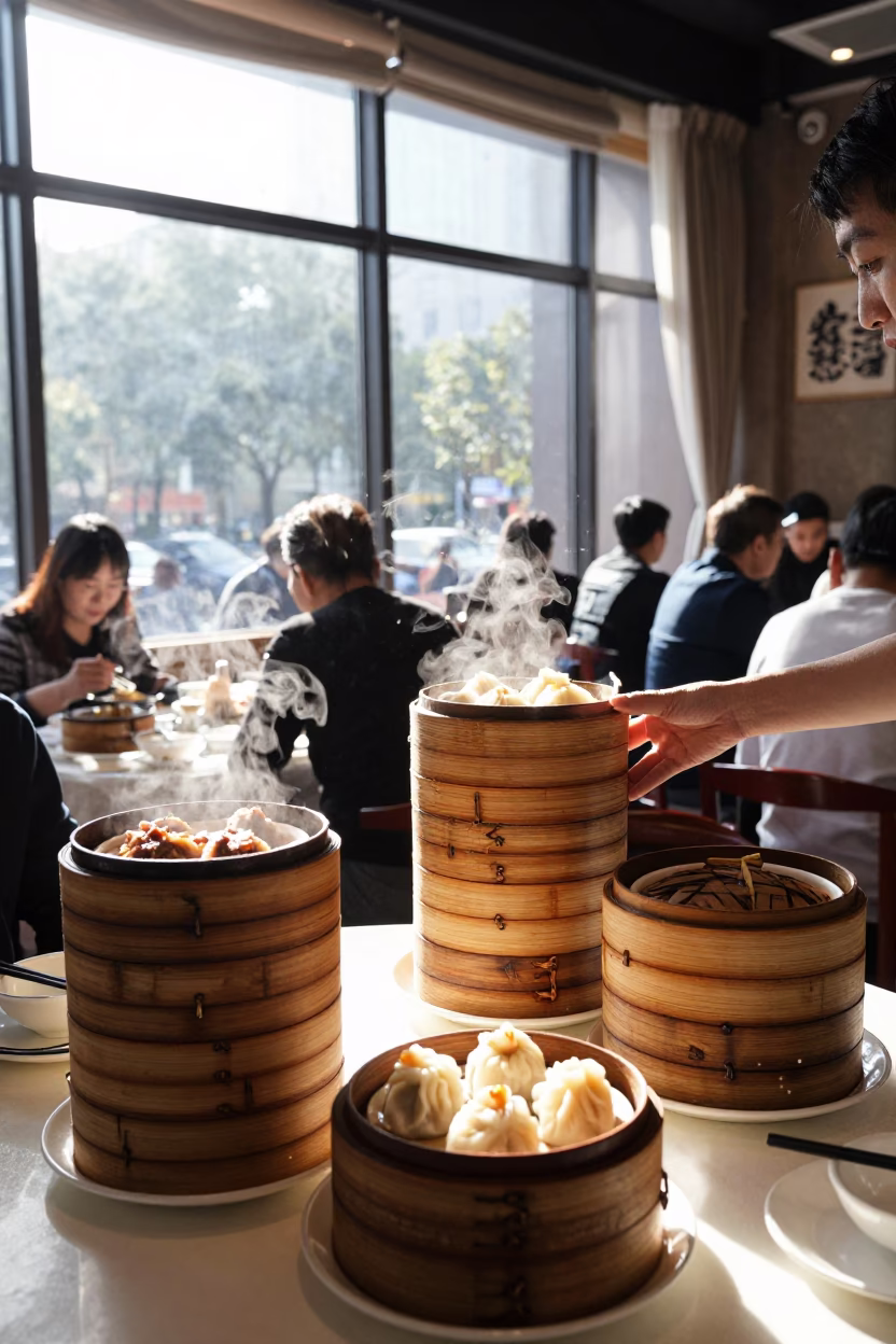 Midday Dim Sum Service in Shanghai Restaurant with Bamboo Steamers and Blue Porcelain in in Shanghai, China
