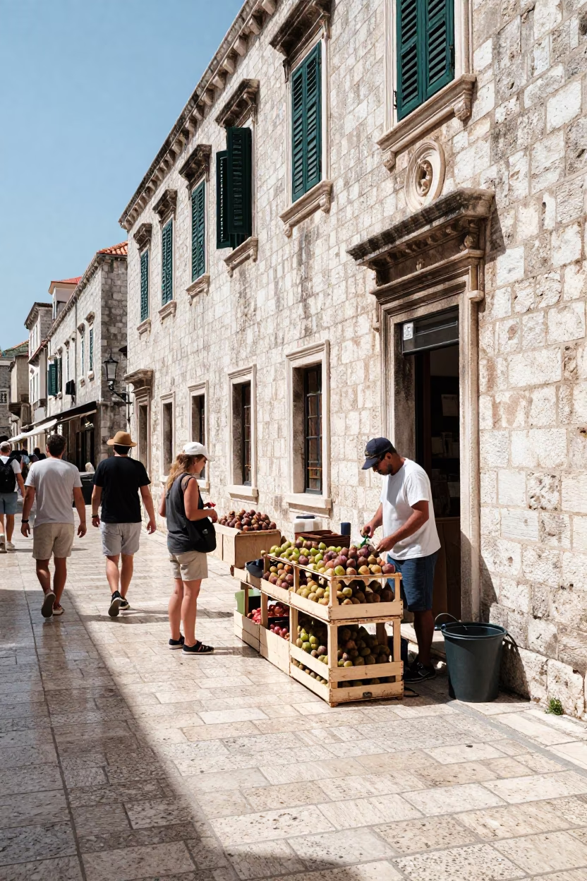 Midday Dubrovnik Croatia Street Scene with Tourists and Local Vendors in in Dubrovnik, Croatia