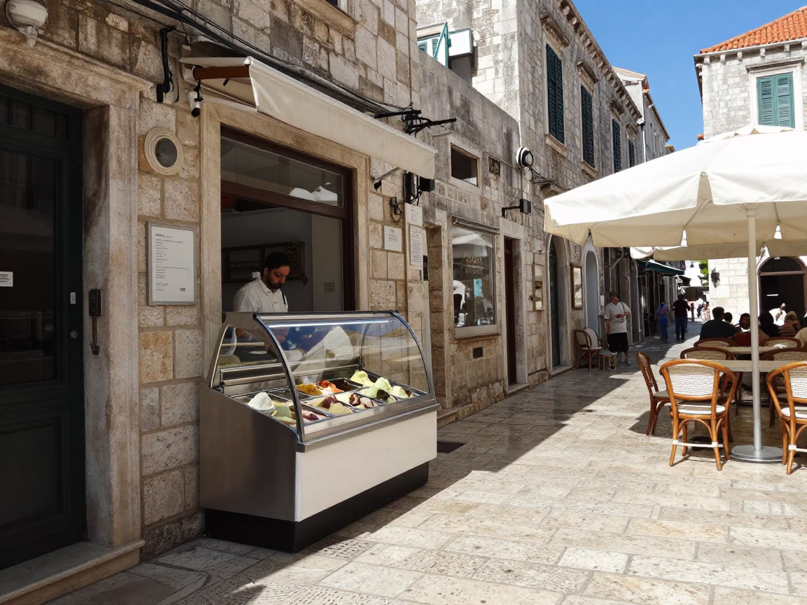 Midday Dubrovnik Street Scene with Gelato Display and White Umbrellas in in Dubrovnik, Croatia
