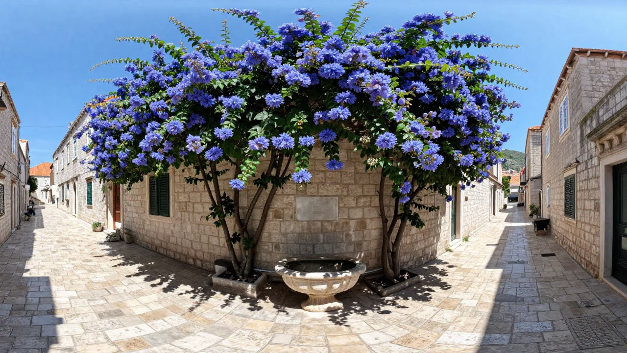 Midday Dubrovnik Street Scene with Plumbago Hedge and Local Life in in Dubrovnik, Croatia