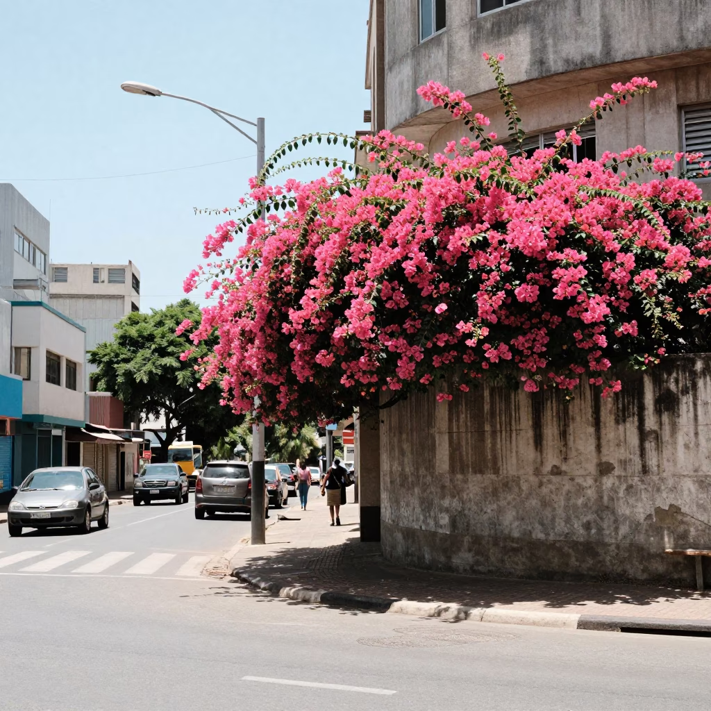 Midday Durban Street Scene with Bougainvillea and Concrete Architecture in in Durban, South Africa