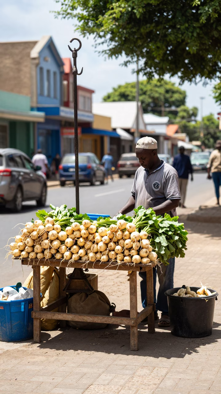 Midday Durban Street Scene with Iron Hook and Turnips at Local Market in in Durban, South Africa