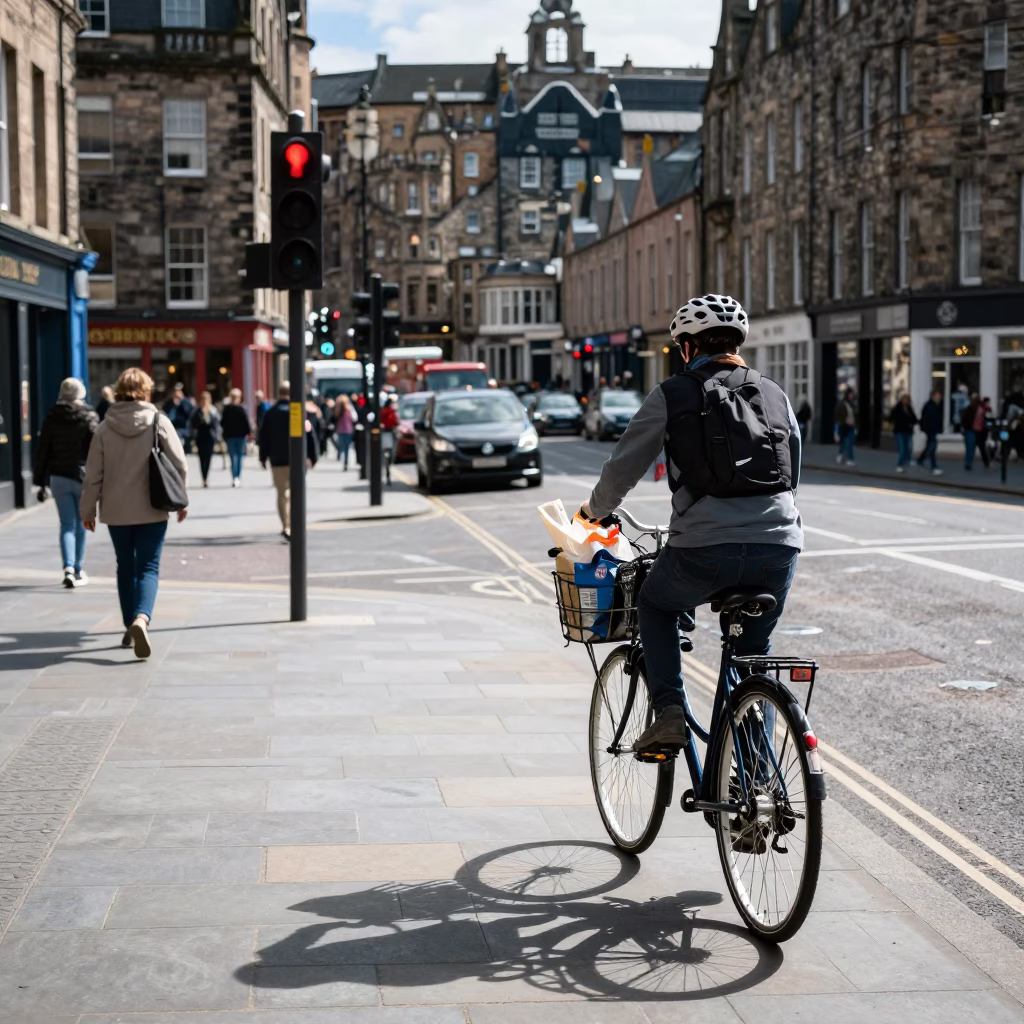 Midday Edinburgh Street Scene with Bicycle Basket and District Heating Pipe in in Edinburgh, United Kingdom