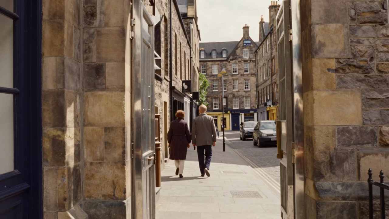 Midday Edinburgh Street Scene with Brushed Steel Doorframe and Cargo Ship Horizon in in Edinburgh, United Kingdom