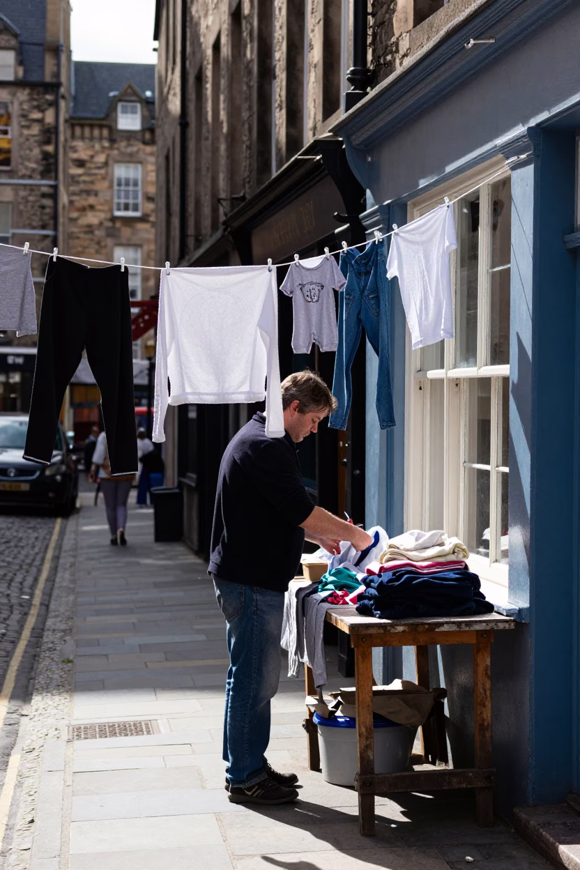 Midday Edinburgh Street Scene with Clothesline and Urban Details in in Edinburgh, United Kingdom