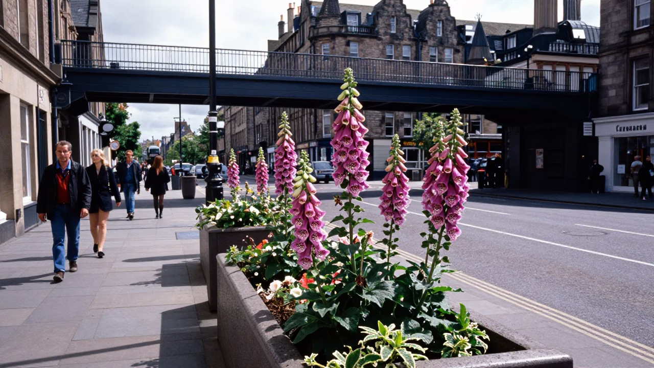 Midday Edinburgh Street Scene with Foxglove and Pedestrian Overpass in in Edinburgh, United Kingdom