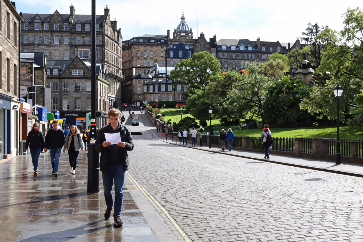 Midday Edinburgh Street Scene with Fries and City Views in in Edinburgh, United Kingdom