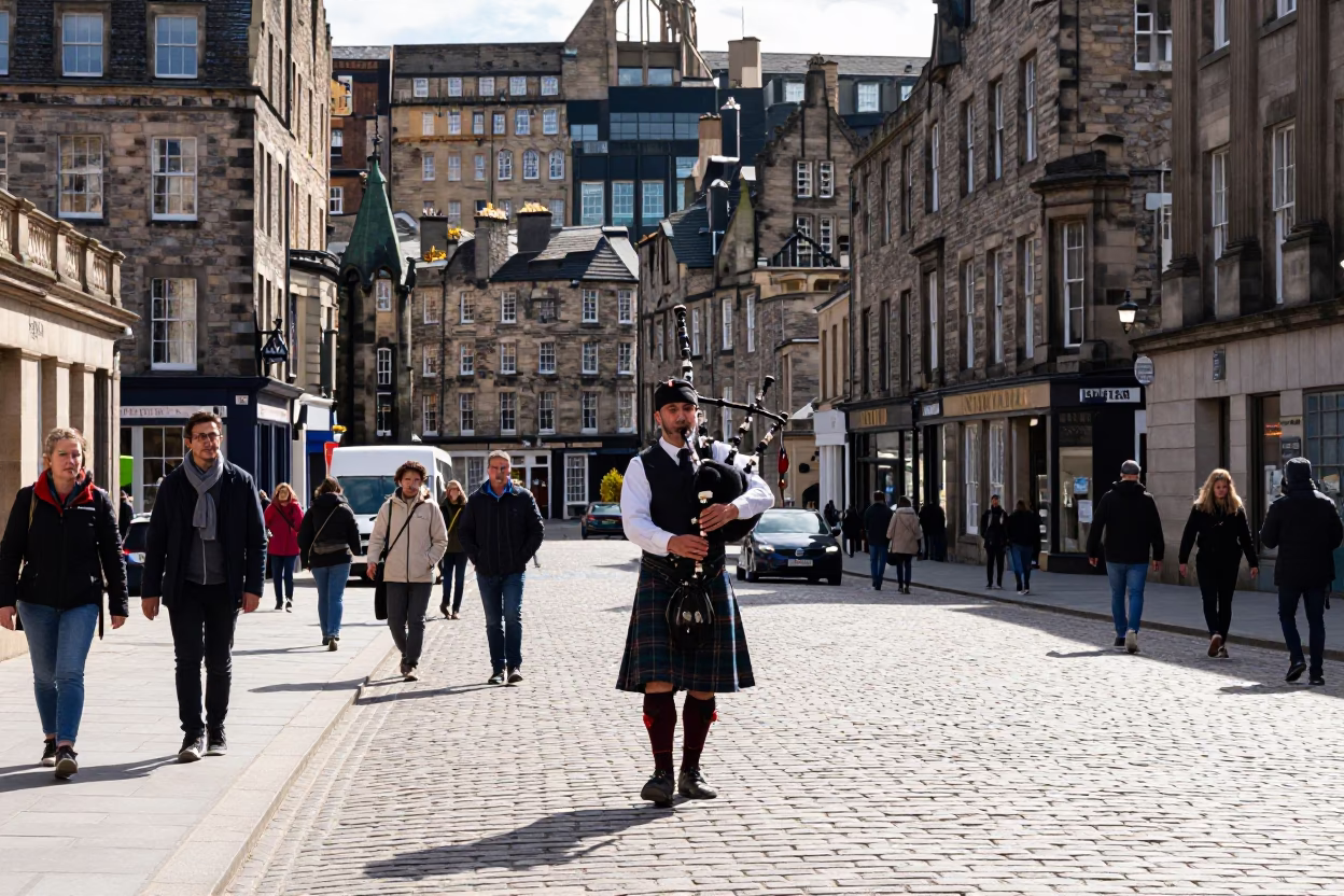 Midday Edinburgh Street Scene with Tourists and Historic Architecture in in Edinburgh, United Kingdom