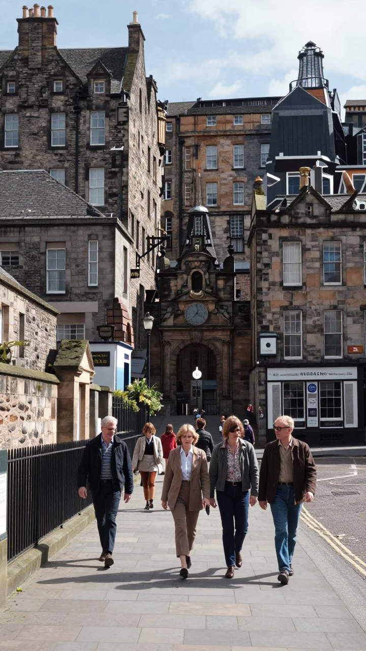 Midday Edinburgh Street Scene with Traditional Stone Architecture and Local Pedestrians in in Edinburgh, United Kingdom