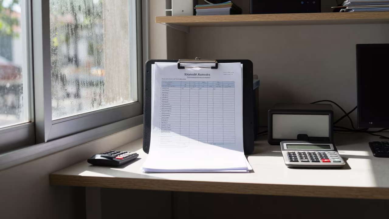 Midday Expense Report Desk with Condensation in on a workshop shelf near Pereira