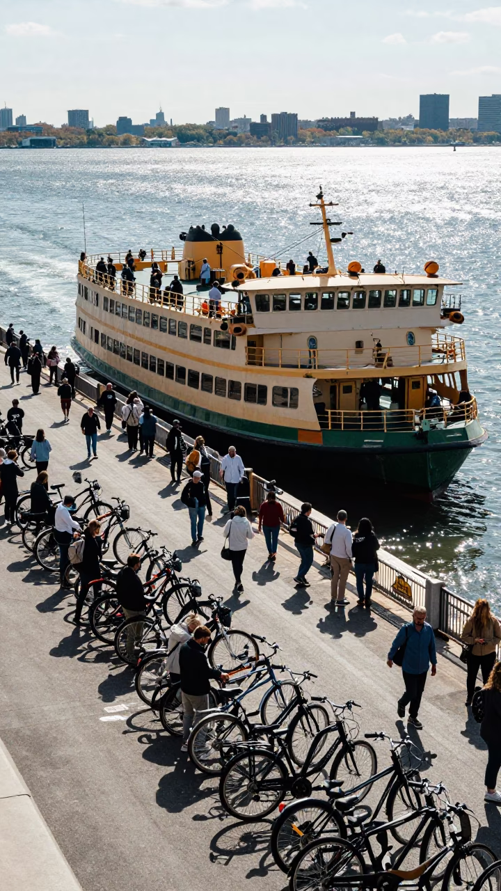Midday Ferry Loading Passengers and Bicycles at New York Dock with Water Taxi Nearby in in New York, New York, United States