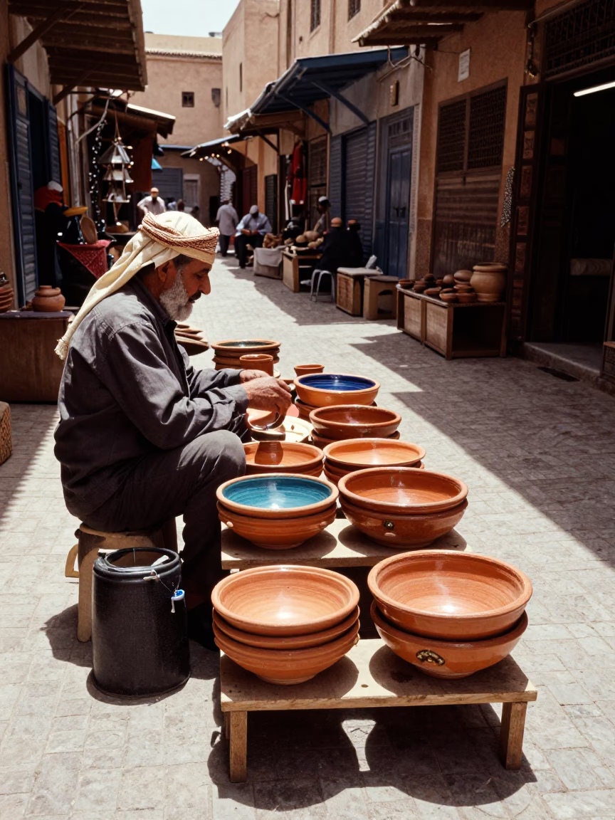 Midday Fez Morocco Souk Scene with Terracotta Bowls and Woven Mats in in Fez, Morocco