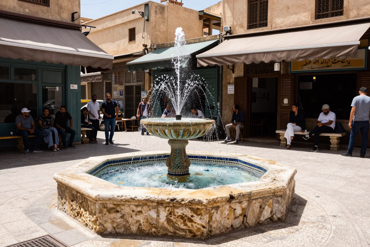 Midday Fez Morocco Street Scene with Traditional Fountain and Stone Bench in in Fez, Morocco
