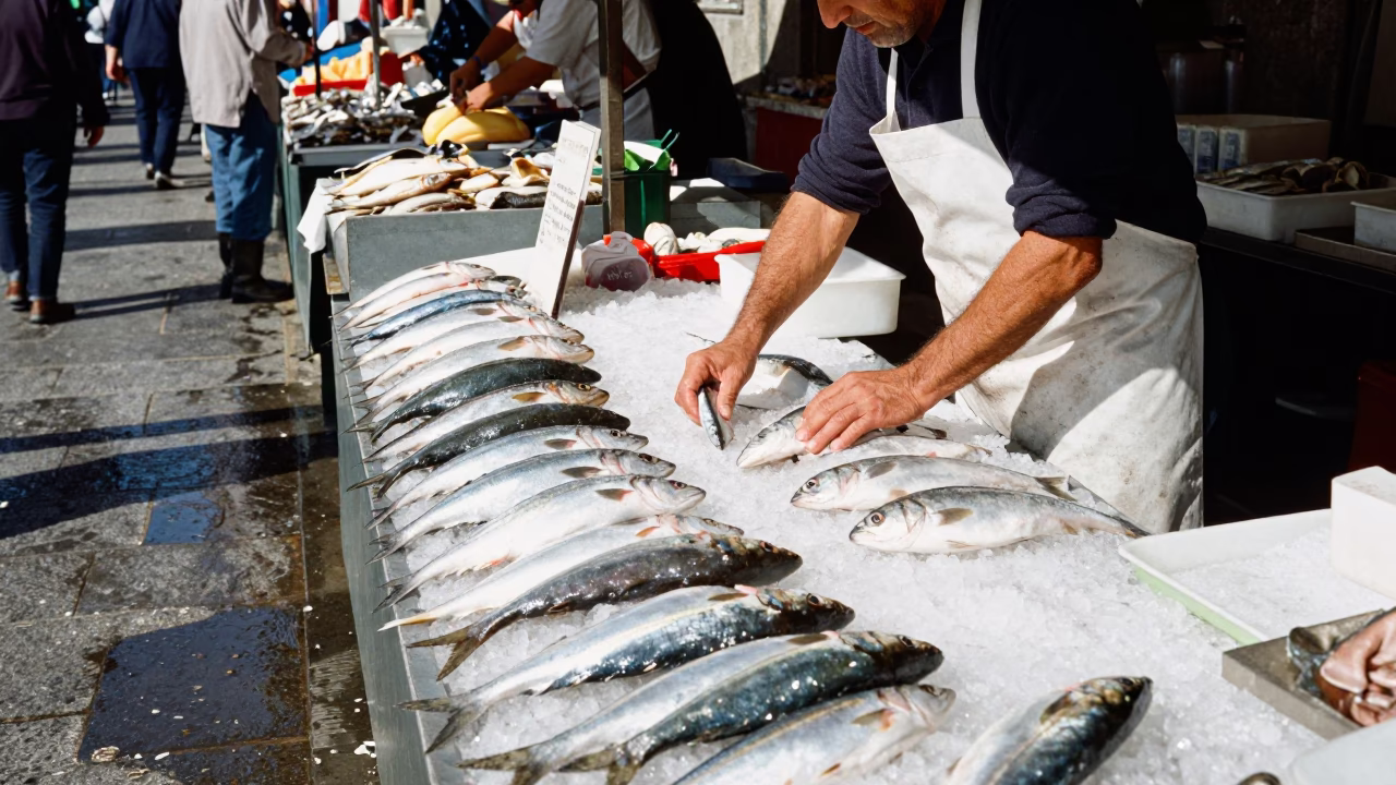 Midday Fishmonger Displaying Fresh Catch on Ice at Porto Ribeira Market Portugal in in Porto, Portugal
