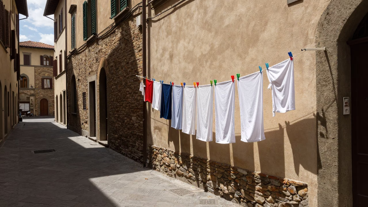 Midday Florence Italy Street Scene with Laundry Pins and Wall Sconce in in Florence, Italy