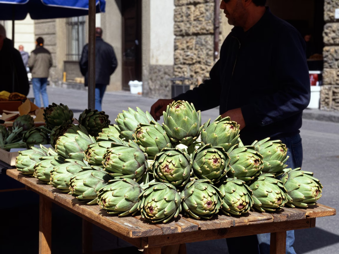 Midday Florence Market Stall with Artichokes and Latch on Wooden Door in in Florence, Italy