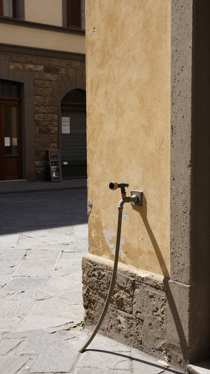 Midday Florence Street Scene with Hose Nozzle and Historic Architecture in in Florence, Italy