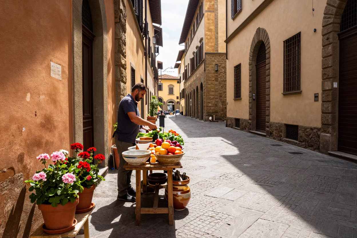 Midday Florence Street Scene with Potted Geraniums and Ceramic Bowls in in Florence, Italy