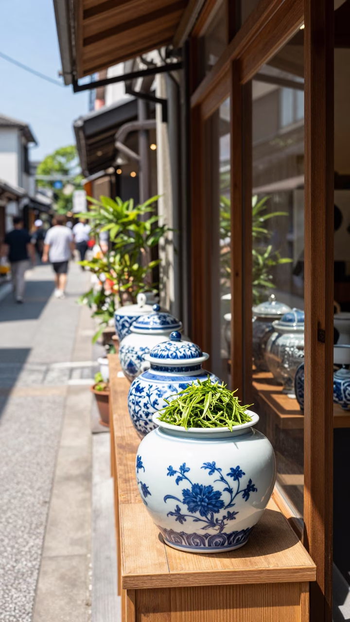 Midday Fukuoka Street Scene with Blue and White Porcelain Jar and Bougainvillea in in Fukuoka, Japan