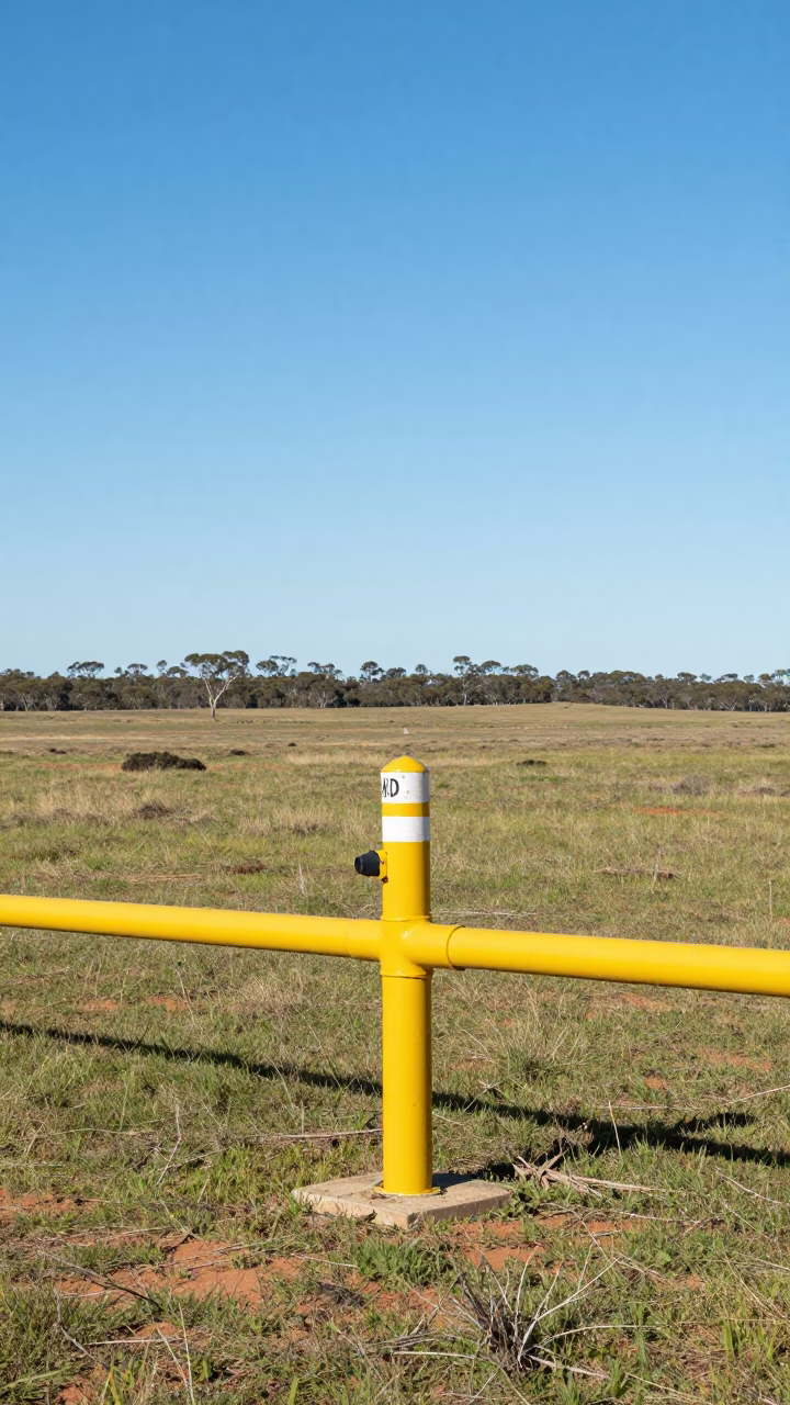 Midday Gas Pipeline Marker Route Across Open Grassland in Perth Western Australia in in Perth, Western Australia, Australia