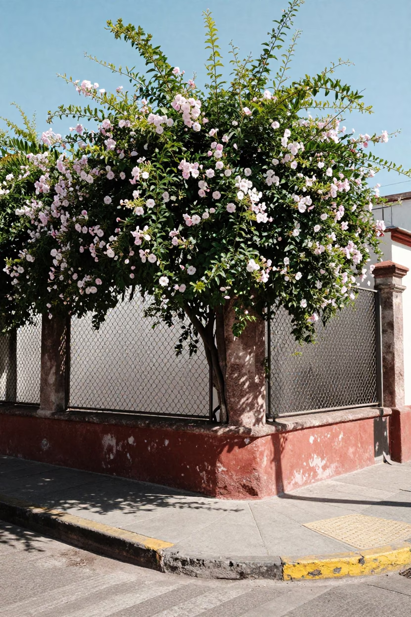 Midday Guadalajara Mexico Street Scene with Morning Glory Fence and Local Life in in Guadalajara, Mexico