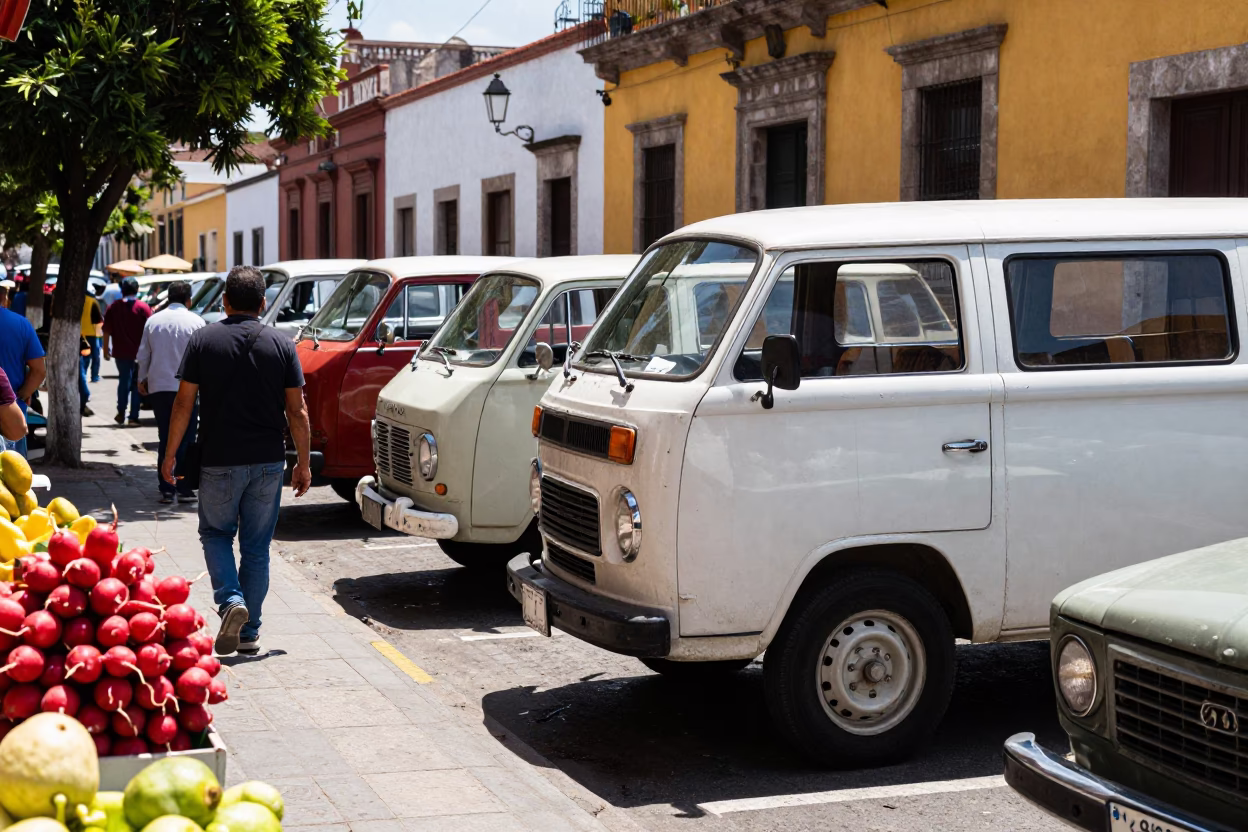 Midday Guadalajara Mexico Street Scene with Vintage Vehicles and Local Market Activity in in Guadalajara, Mexico