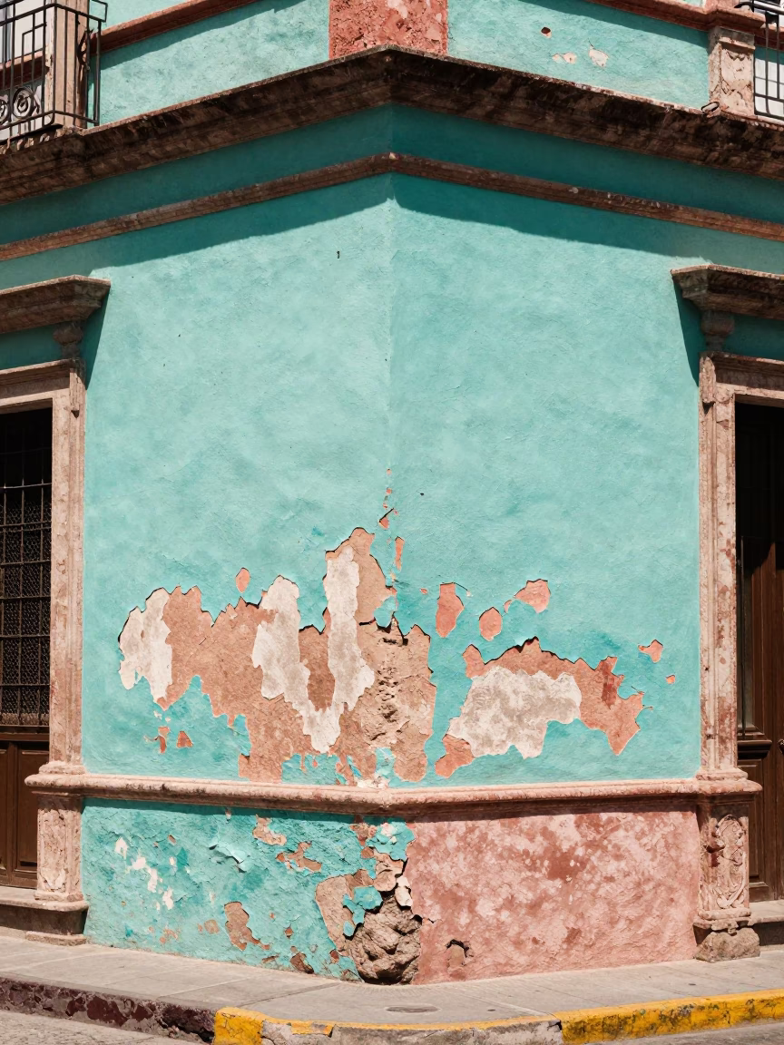 Midday Guadalajara Street Scene with Peeling Turquoise Paint and Chestnut Husks in in Guadalajara, Mexico