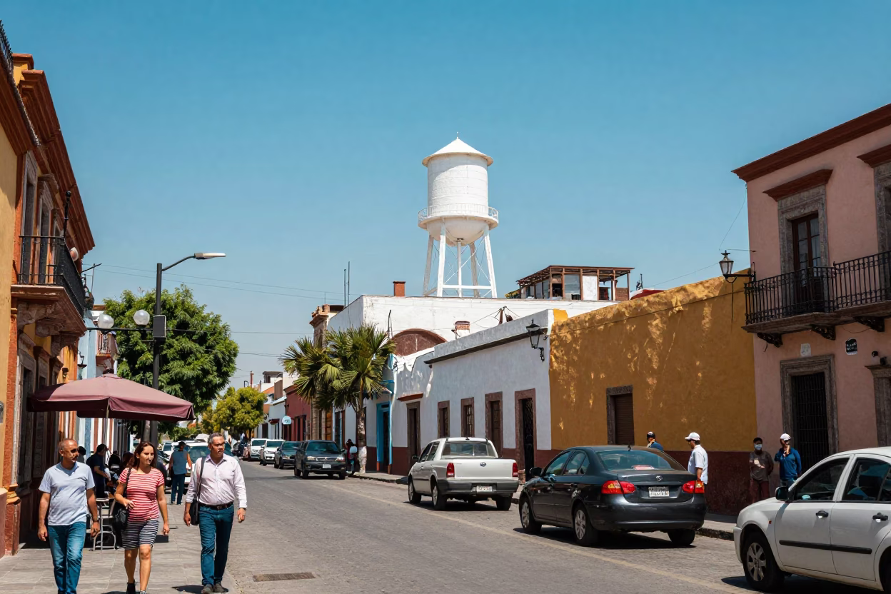 Midday Guadalajara Street Scene with Water Tower and Local Market Activity in in Guadalajara, Mexico