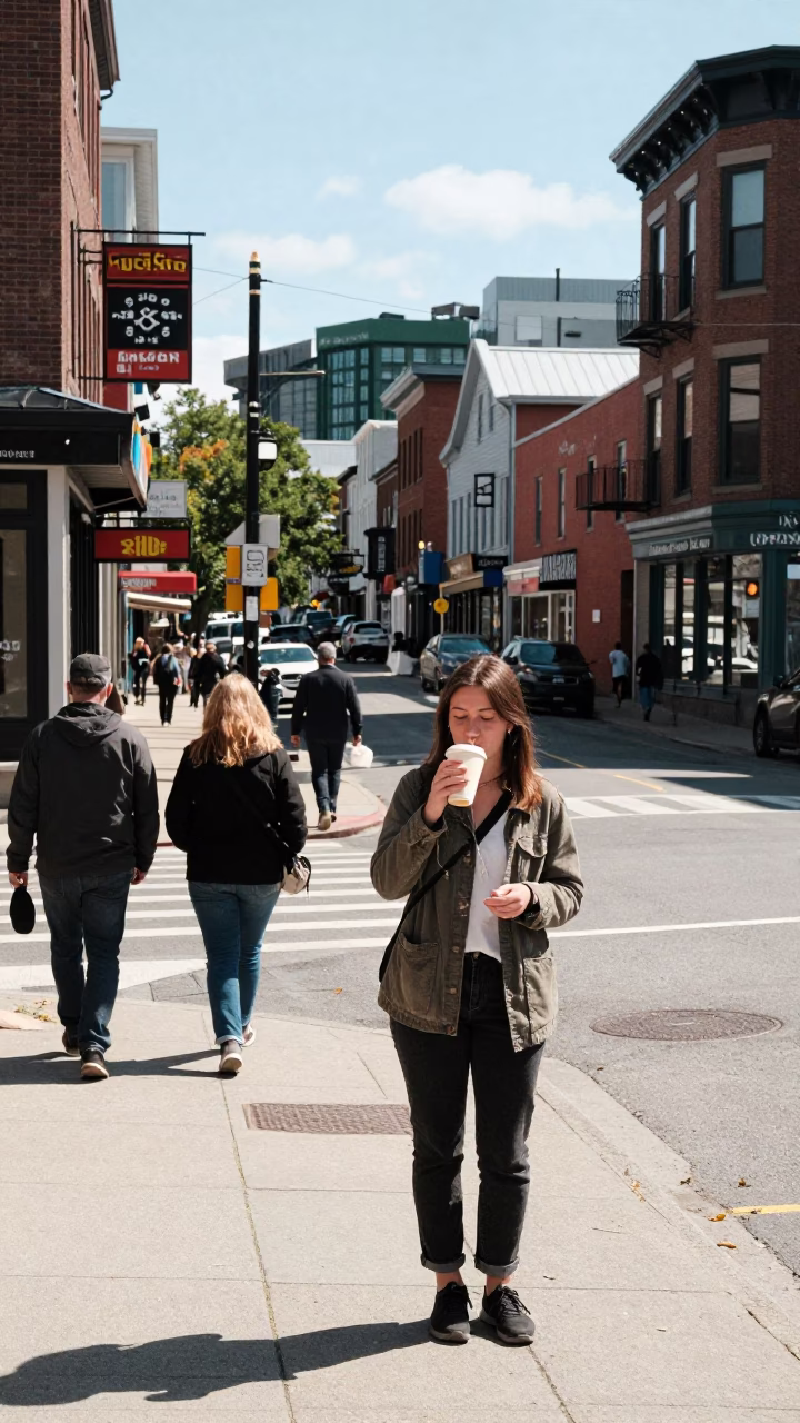 Midday Halifax Nova Scotia Street Scene with Coffee Cup and Local Interaction in in Halifax, Nova Scotia, Canada
