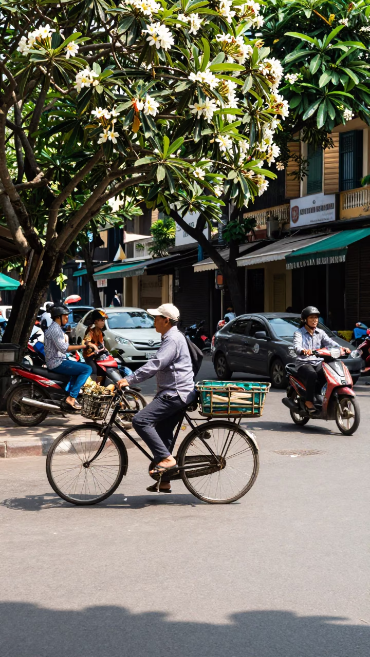 Midday Hanoi Street Scene with Bicycle and Tool Caddy in Vietnam in in Hanoi, Vietnam