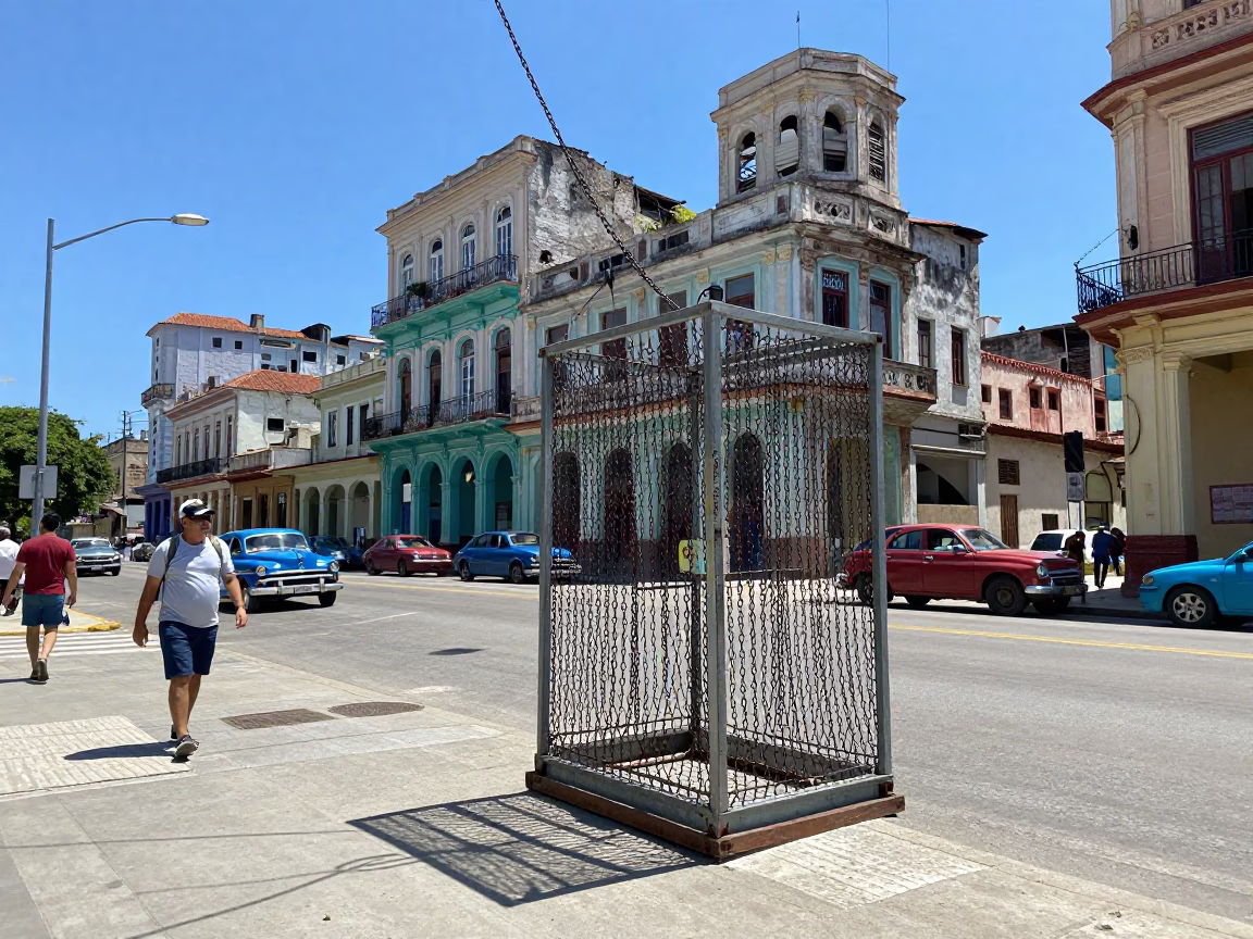 Midday Havana Cuba Street Scene with Bridge Maintenance Cage and Local Life in in Havana, Cuba
