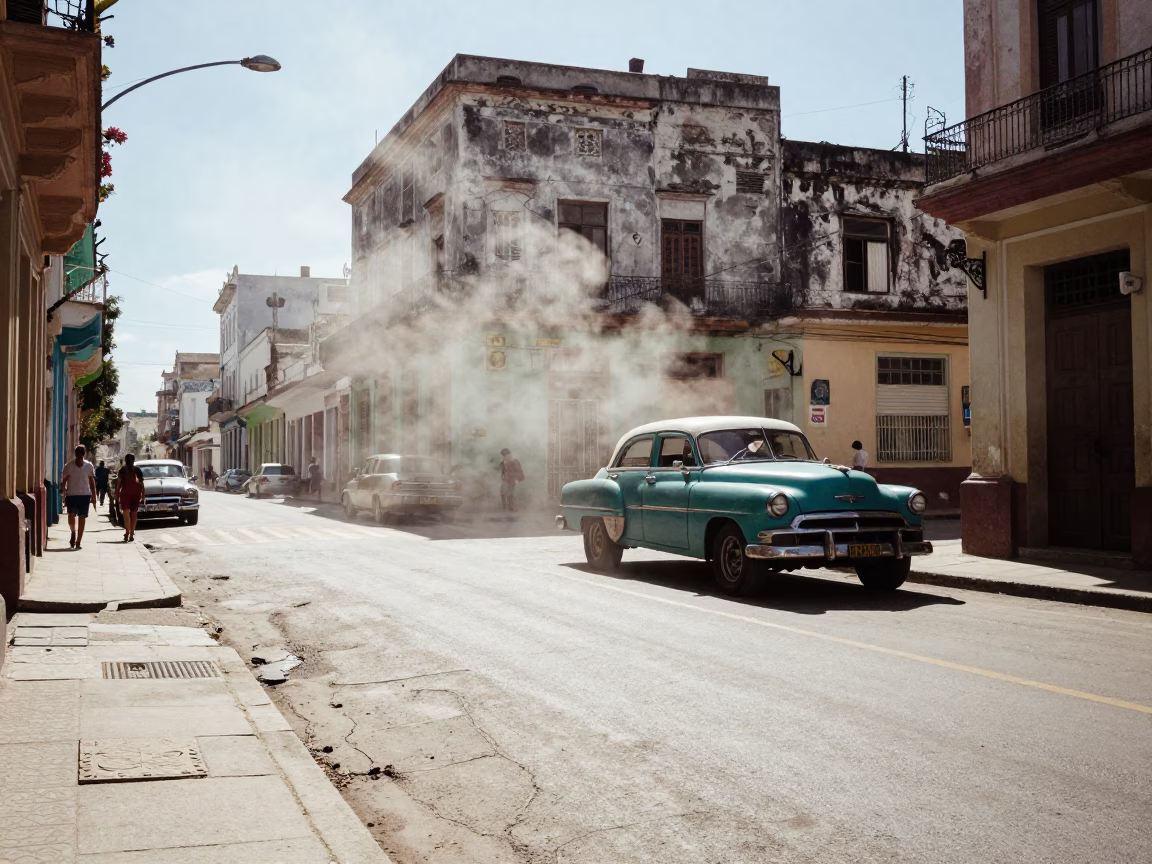 Midday Havana Cuba Street Scene with Steam Haze and Vintage Cars in in Havana, Cuba