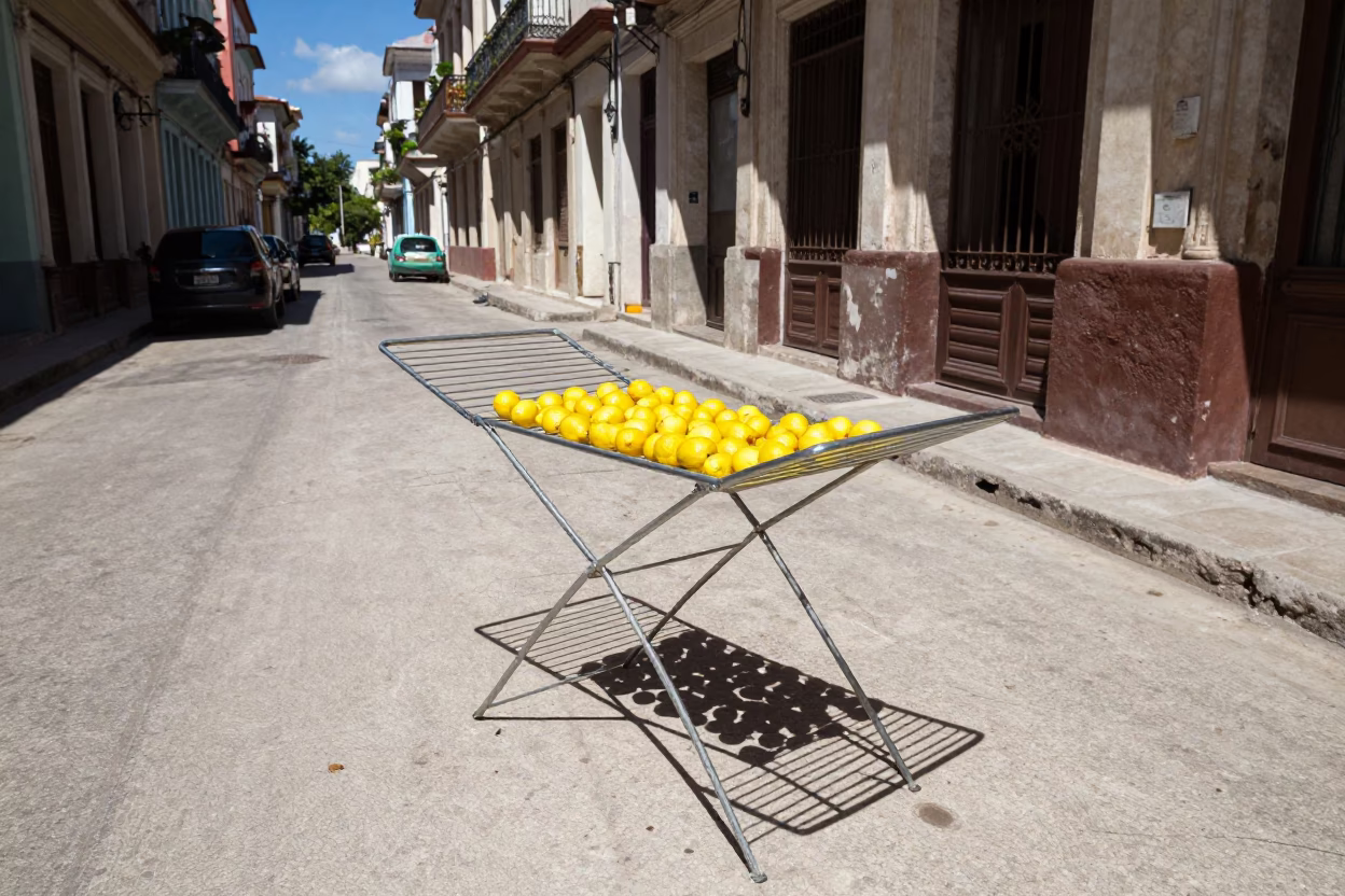 Midday Havana Street Scene with Drying Rack and Lemons in Cuban Courtyard in in Havana, Cuba