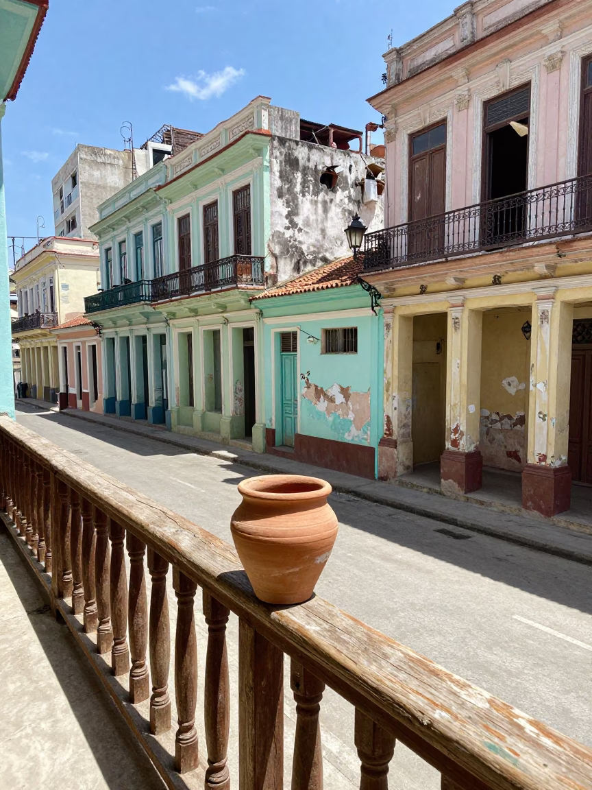 Midday Havana Street Scene with Terracotta Pot on Weathered Balcony in in Havana, Cuba