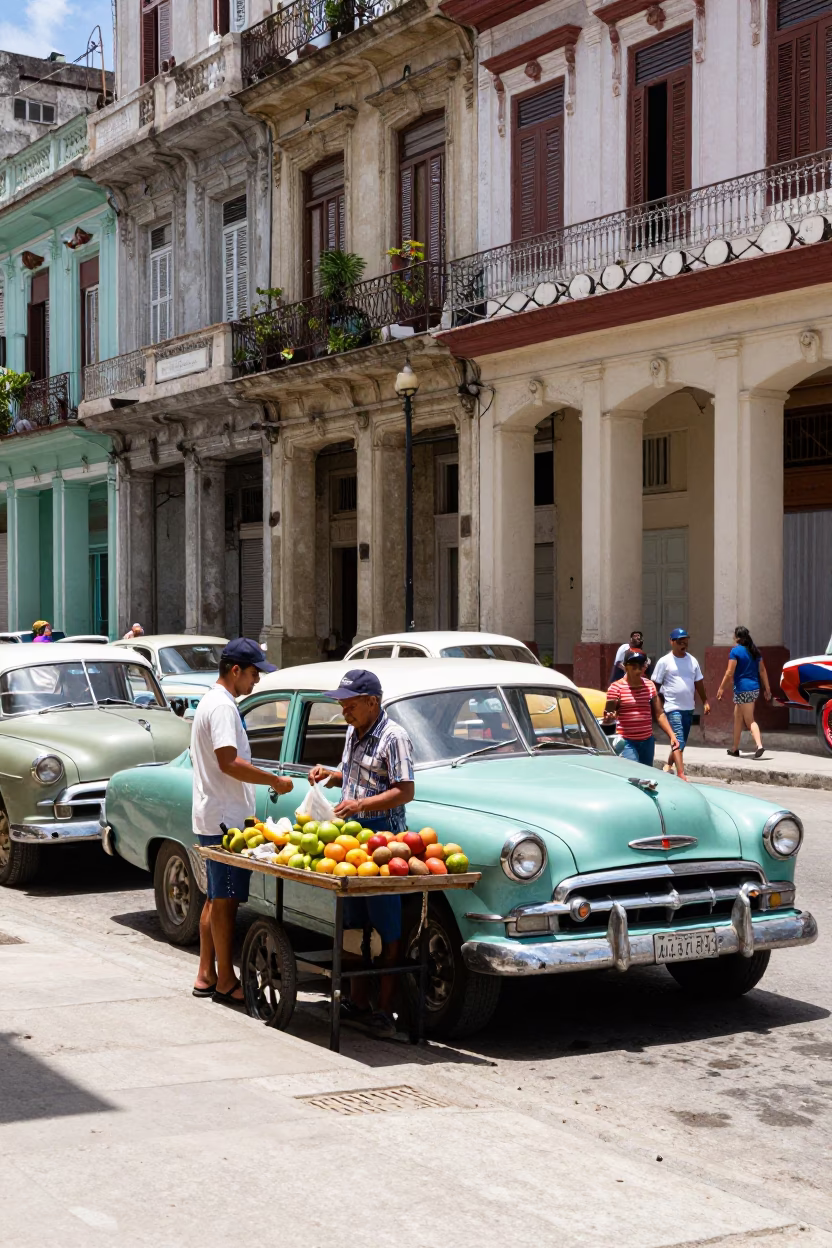 Midday Havana Street Scene with Vintage American Cars and Local Life in in Havana, Cuba