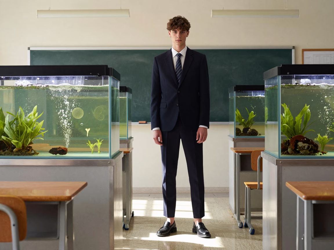 Midday High Fashion Editorial Shot in Brussels Belgium with Brushed Steel and Classroom Details in in Brussels, Belgium