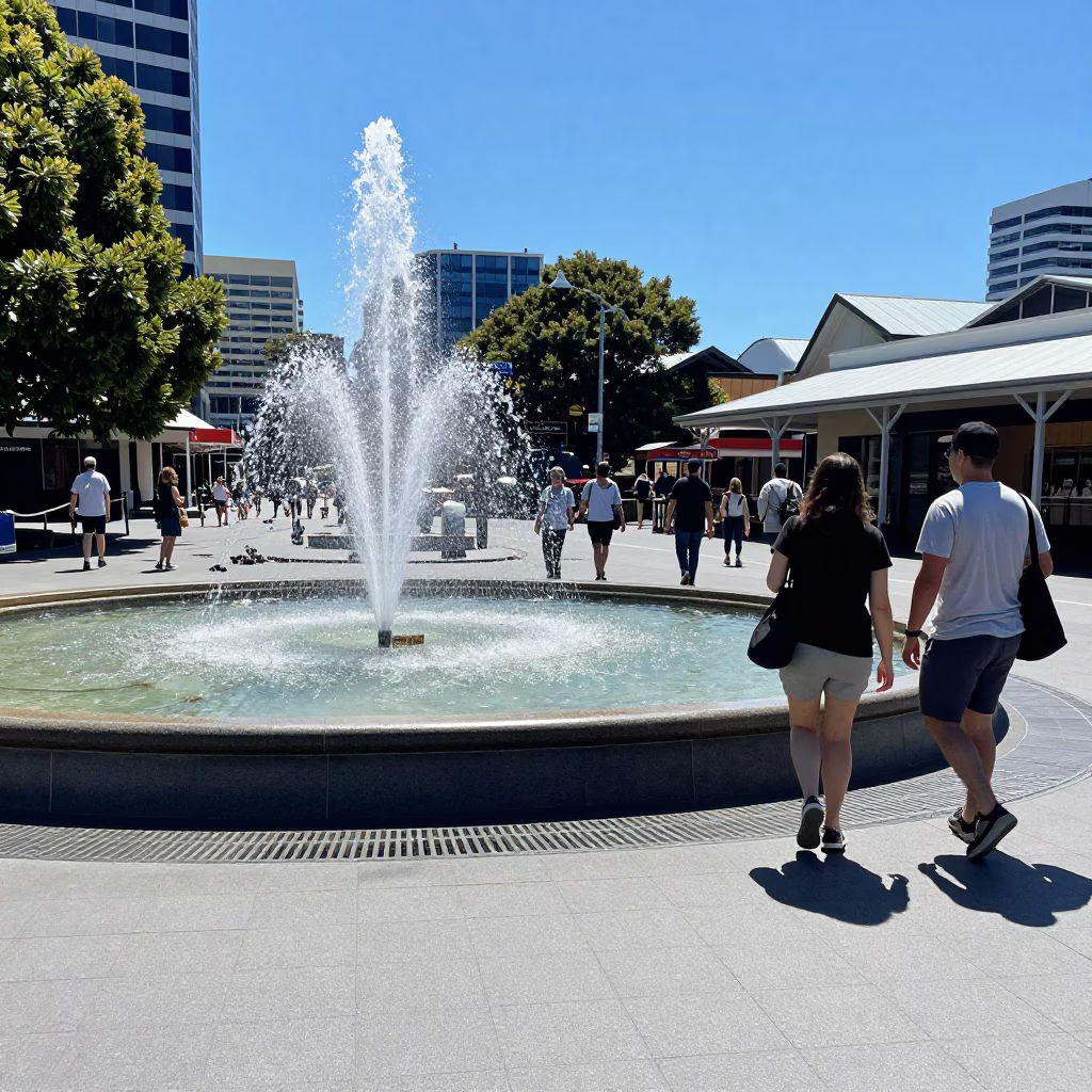 Midday Hobart Street Scene with Fountain Spray and Local Pedestrians in Tasmania in in Hobart, Tasmania, Australia