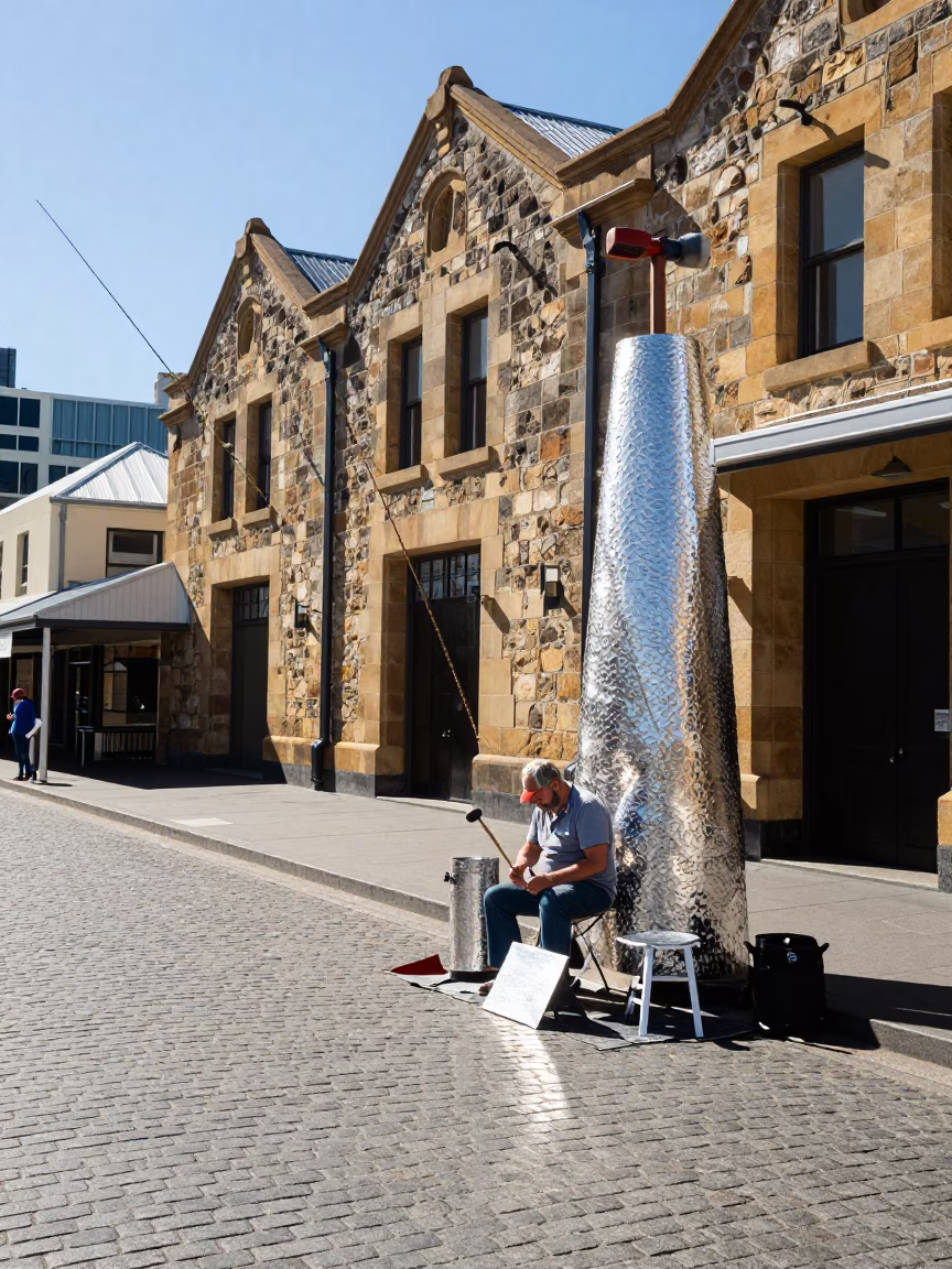 Midday Hobart Street Scene with Hammered Metal and Fishing Floats in in Hobart, Tasmania, Australia