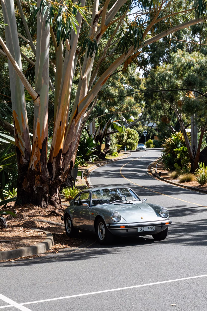 Midday Hobart Tasmania Australia Street Scene with Vintage Car and Eucalyptus Grove in in Hobart, Tasmania, Australia