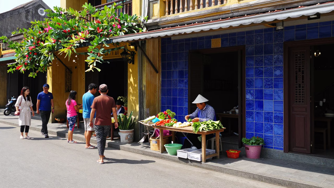 Midday Hoi An Street Scene with Ceramic Tiles and Local Vendor Interaction in in Hoi An, Vietnam