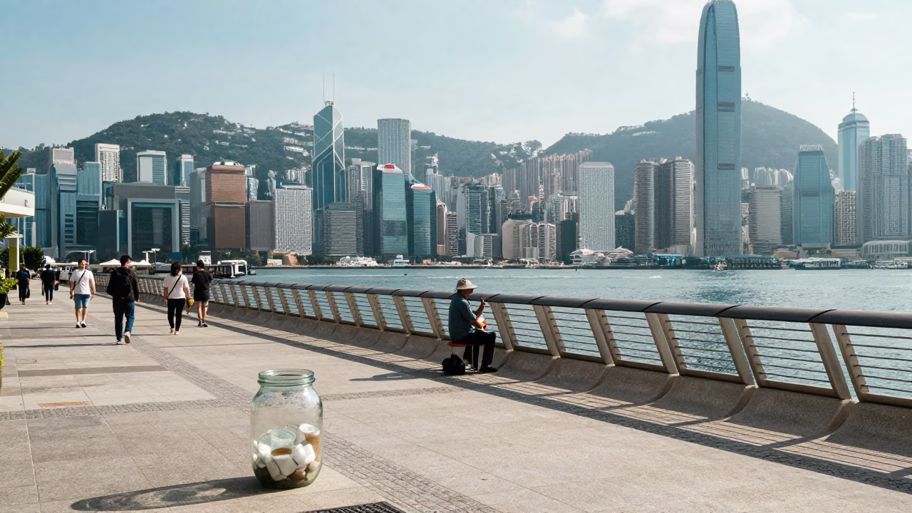 Midday Hong Kong Harbor Promenade Street Scene with Glass Jar and Urban Life in in Hong Kong, Hong Kong