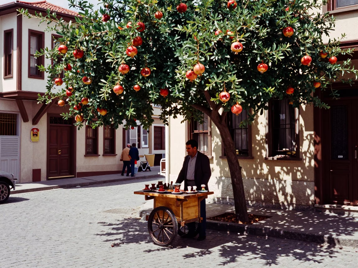 Midday Istanbul Street Scene with Pomegranate Tree and Tea Strainer in in Istanbul, Turkey
