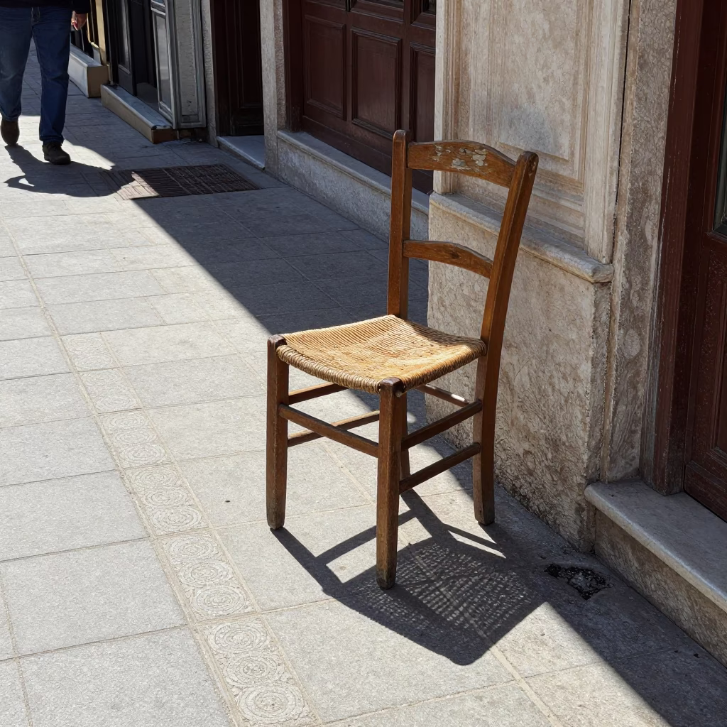 Midday Istanbul Street Scene with Vintage Chair and Sunlit Tile Details in in Istanbul, Turkey