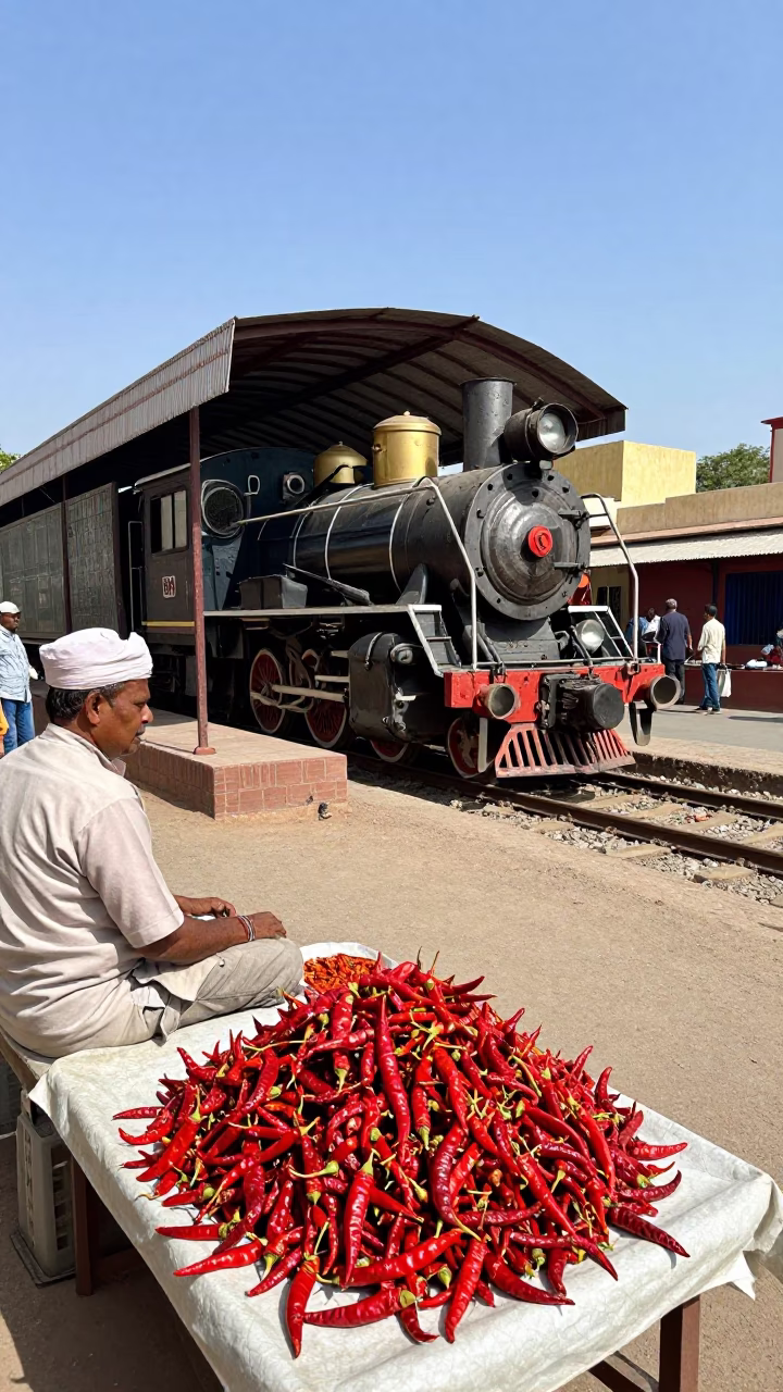 Midday Jaipur Street Scene with Chili Peppers and Heritage Locomotive in Background in in Jaipur, India