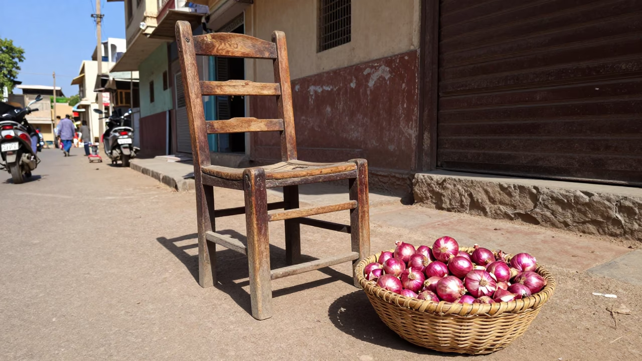 Midday Jaipur Street Scene with Ladder-Back Chair and Onions in Traditional Indian Market in in Jaipur, India